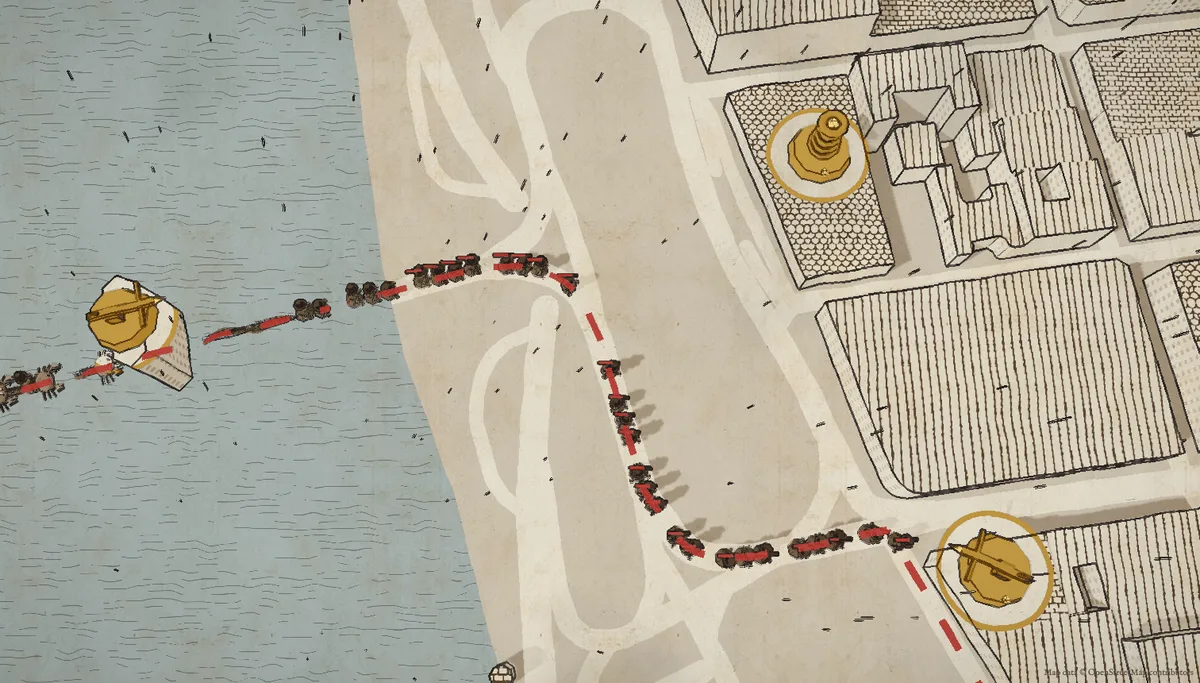Budapest by the Danube, drawn in ink on parchment. A line of creatures marches up a dashed red route past two gold towers.