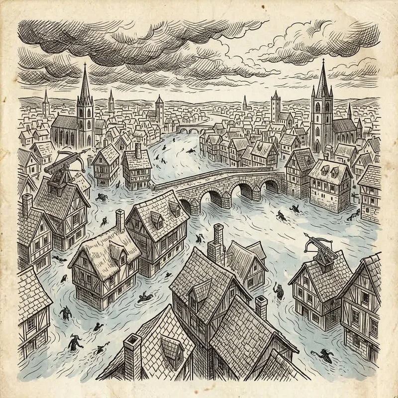 Ink drawing of an old Central European city under a storm. The river has burst its banks and fills the streets around a stone bridge, and dark shapes swim between the houses.