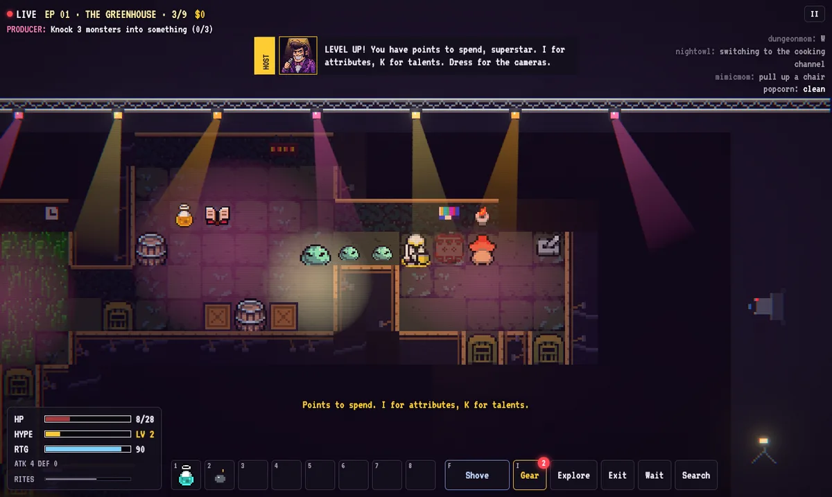 The Greenhouse floor under stage spotlights, with slimes and a mushroom next to the contestant.