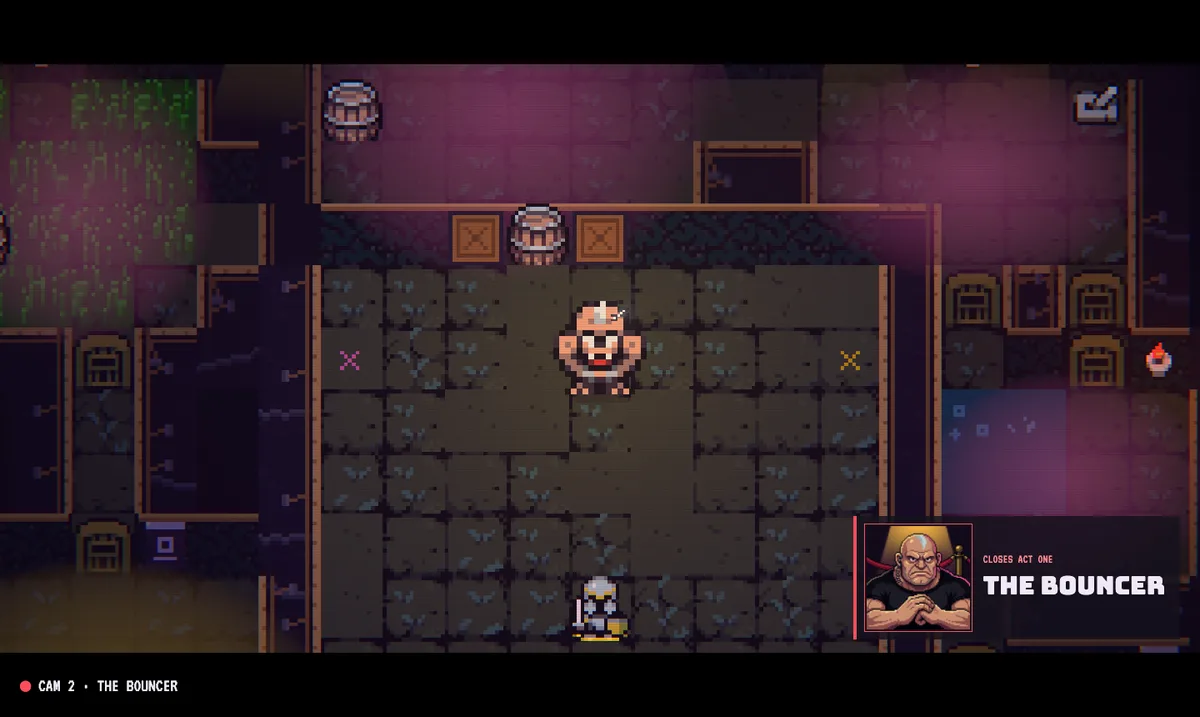 The Bouncer, the first boss, facing the contestant across his room.