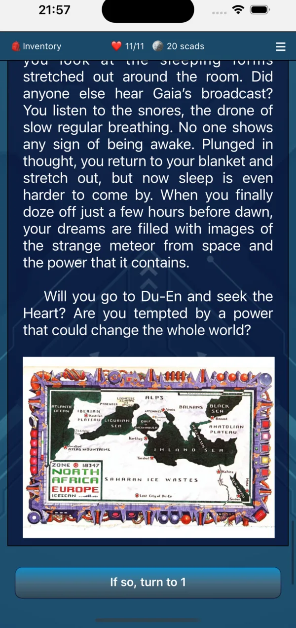 A page of the book with an illustrated map of the frozen Sahara, and the choice 'If so, turn to 1'.