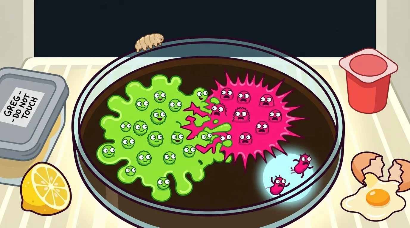 Concept art: a petri dish on an office fridge shelf, seen from above. A lime-green colony of smug googly-eyed microbes meets a spiky magenta colony of panicking ones. A pale blue antibiotic glow in one corner, a tardigrade on the rim, and beside the dish a tupperware labelled GREG - DO NOT TOUCH, a lemon, a yogurt cup, and a cracked egg.