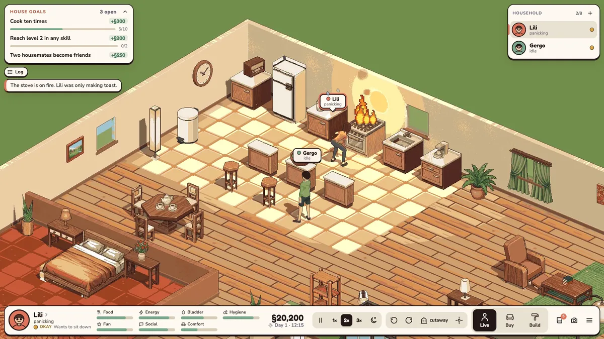 The kitchen with the stove on fire. Lili is panicking next to it and Gergo is running over. The house note reads: The stove is on fire. Lili was only making toast.