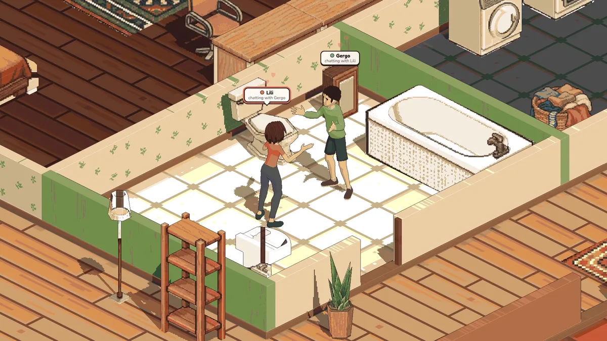 Lili and Gergo chatting in the bathroom, between the tub and the toilet.