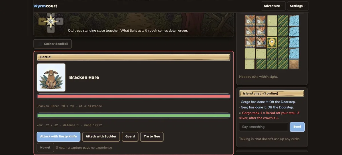 Round-based combat against a bracken hare, with the fight log and the action buttons.