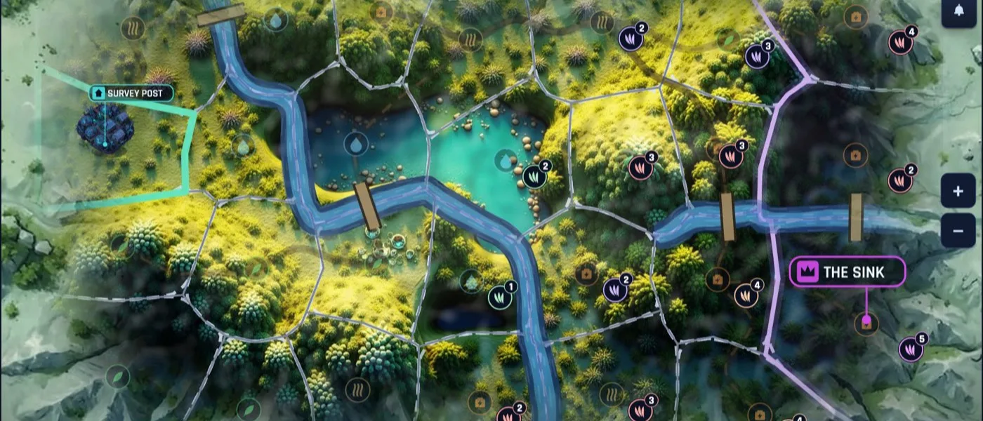 The fungal map, bloom pressing in from three sides, an incident card asking for a decision.